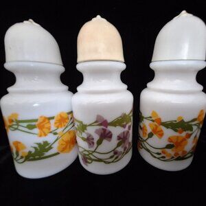 VINTAGE Empty Avon Milk Glass Salt & Pepper Shakers White with Flowers Set of 3